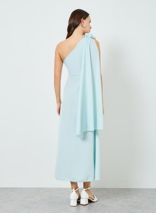 Take Two Women Turquoise One Shoulder Cape Sleeve Maxi Dress - Image 4